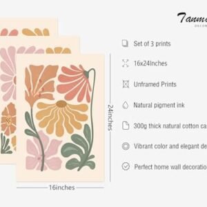 Boho Flower Wall Art Decor Abstract Floral Canvas Prints Botanical Plant Wall Art Pictures Minimalist Flower Painting Poster for Living foom Bedroom 16×24 Inch Unframed Set of 3