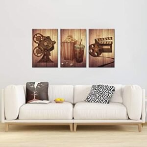 Zlove 3 Pieces Vintage Old Film Canvas Wall Art Filmmaking Concept Scene Movie Projector Film Reels Popcorn Picture Print for Movie Room Home Bedroom Decor Ready to Hang