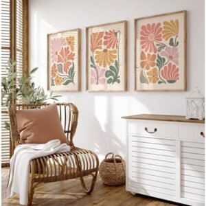 Boho Flower Wall Art Decor Abstract Floral Canvas Prints Botanical Plant Wall Art Pictures Minimalist Flower Painting Poster for Living foom Bedroom 16×24 Inch Unframed Set of 3