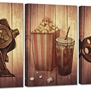 Zlove 3 Pieces Vintage Old Film Canvas Wall Art Filmmaking Concept Scene Movie Projector Film Reels Popcorn Picture Print for Movie Room Home Bedroom Decor Ready to Hang