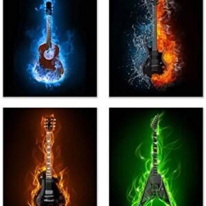 Summit Designs Guitar Music Instrument Wall Art Prints – Set of 4 (8×10) Unframed Poster Photos – Electric Acoustic Flame Modern Abstract