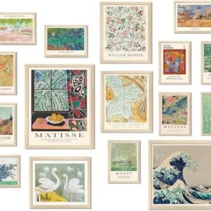 ASTRDECOR Vintage Eclectic Wall Art Prints Set of 16, Eclectic Wall Decor, Colorful Maximalist Decor Aesthetic, Abstract Canvas Art Prints Wall Decor Matisse, Monet, William Morris Famaus Artist Painting, Vintage Gallery Wall Prints Poster for Living Room Bedroom Dorm【Unframed】
