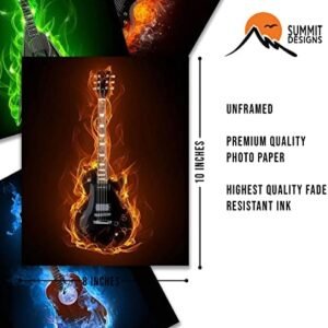 Summit Designs Guitar Music Instrument Wall Art Prints – Set of 4 (8×10) Unframed Poster Photos – Electric Acoustic Flame Modern Abstract