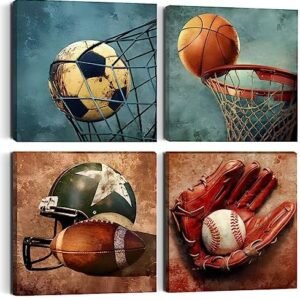 4PC Sports Canvas Wall Art Framed Boys Room Decor Rustic Football Baseball Basketball Soccer Wall Decor Sport Theme Posters Vintage Canvas Prints Picture Artwork Playroom Boys Bedroom Decor